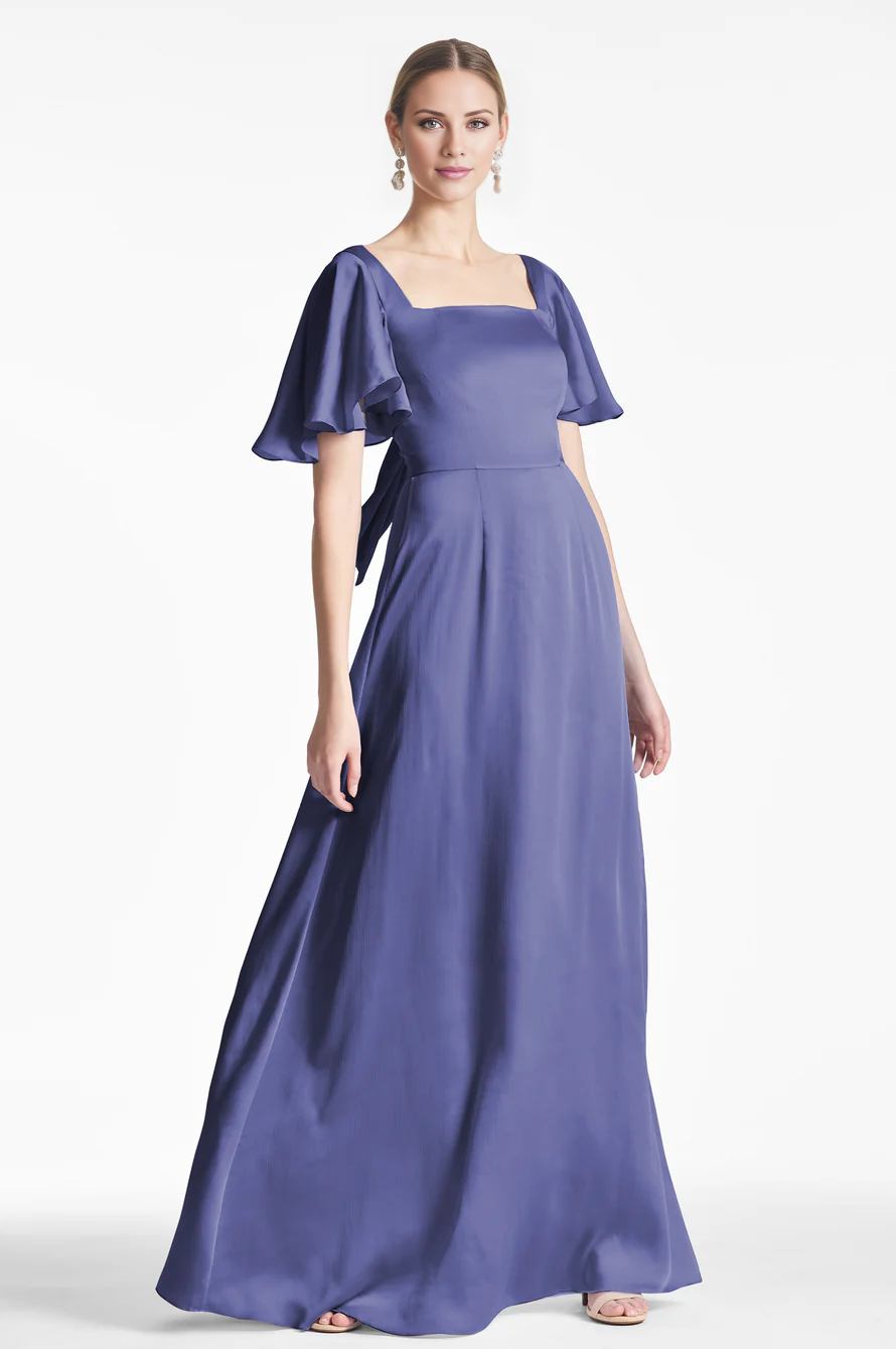 Jimiss square neckline short sleeved back strap backless and floor length Prom dress